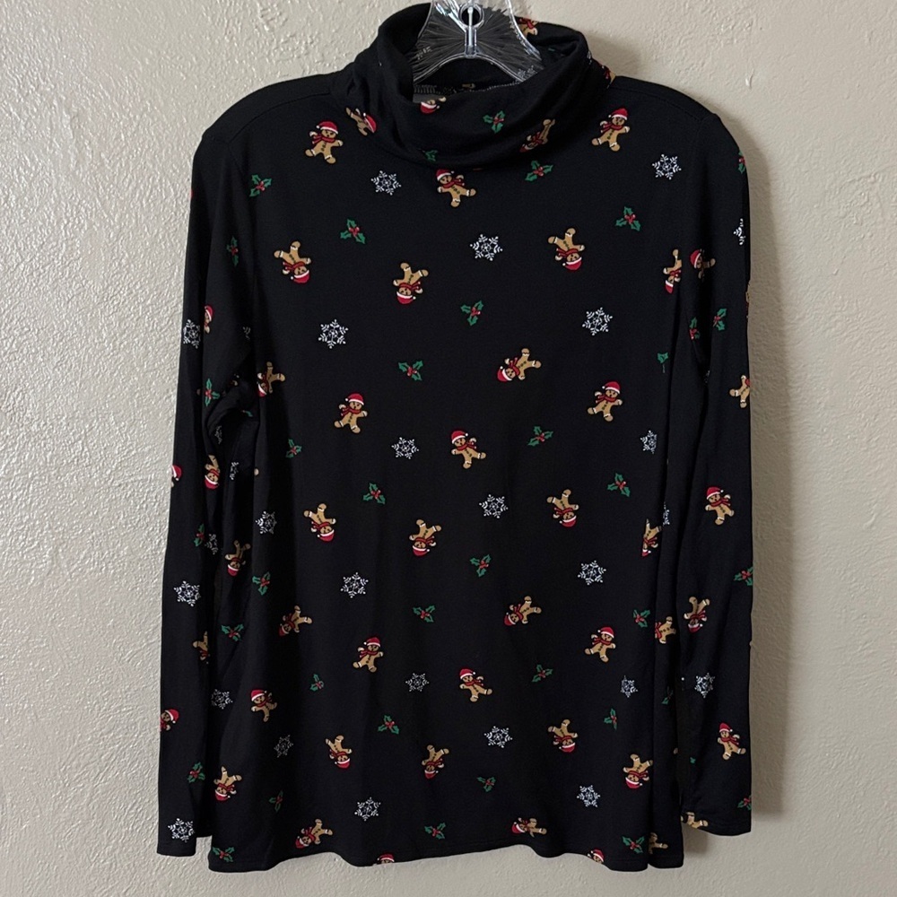 French Laundry Christmas Holiday Turtle Neck Top, Black, Large Gingerbread